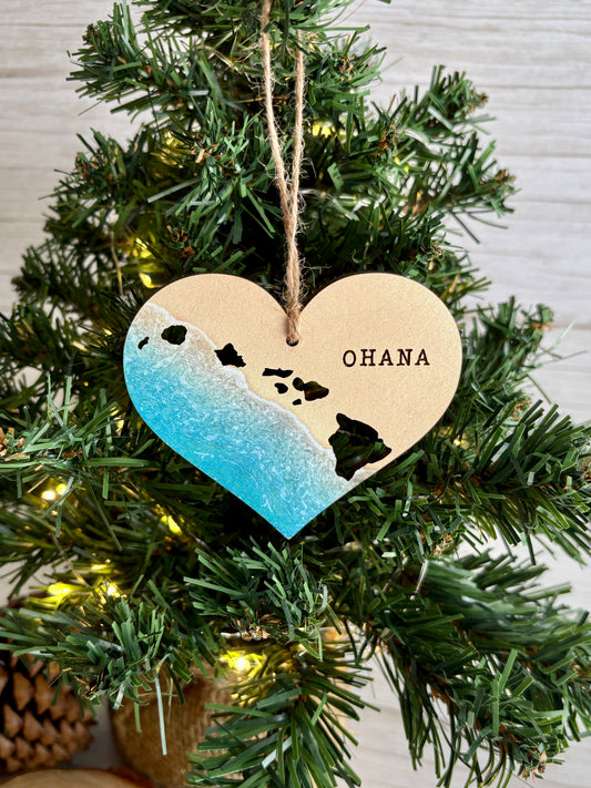 Ohana Beach Heart w/ Hawaiian Islands Ornament