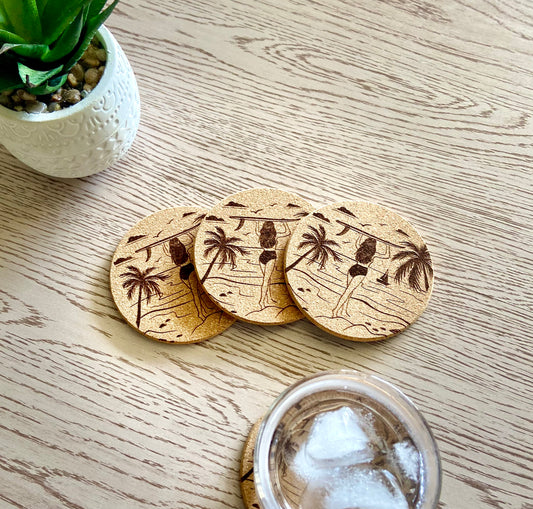 Wahine Dawn Patrol Engraved Cork Coaster Set of 4