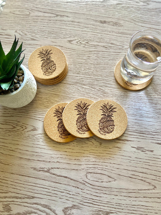 ʻOhana Pineapple Engraved Cork Coaster | Set of 4