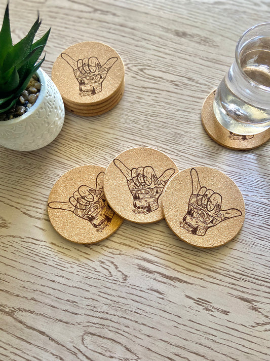 Shaka Wanderlust Engraved Cork Coaster | Set of 4