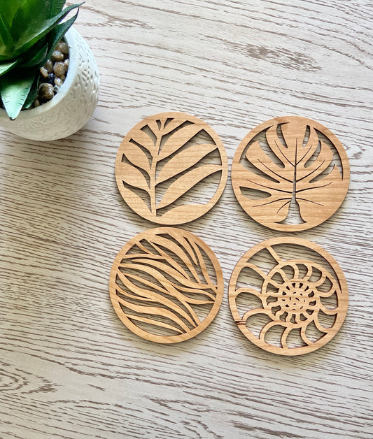 Round Tropical Medley Laser Cut Sealed Wood Coaster| Set of 4