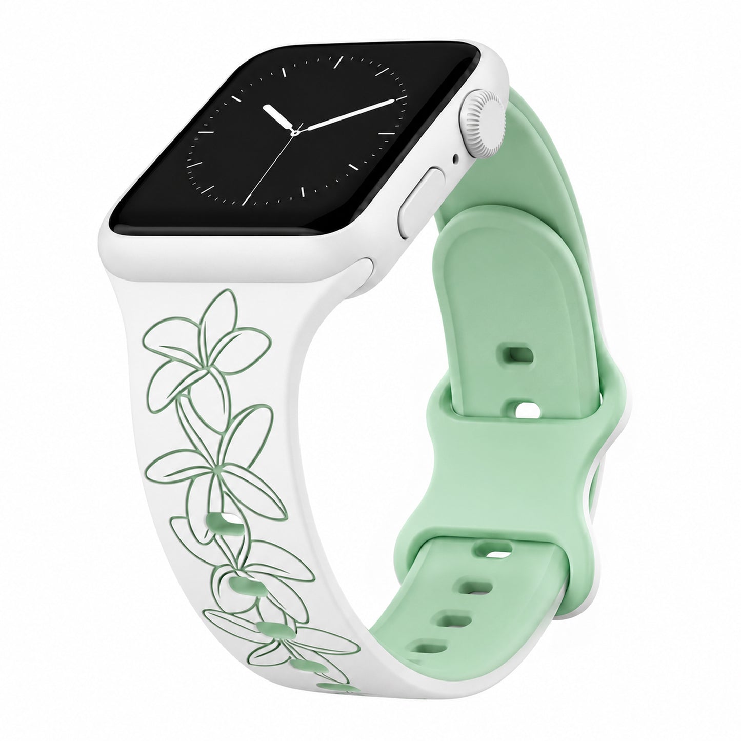 White to Green Plumeria Two-Tone Watchband Compatible with Apple Watch - 49/46/45/44mm (42mm Series 1-3)