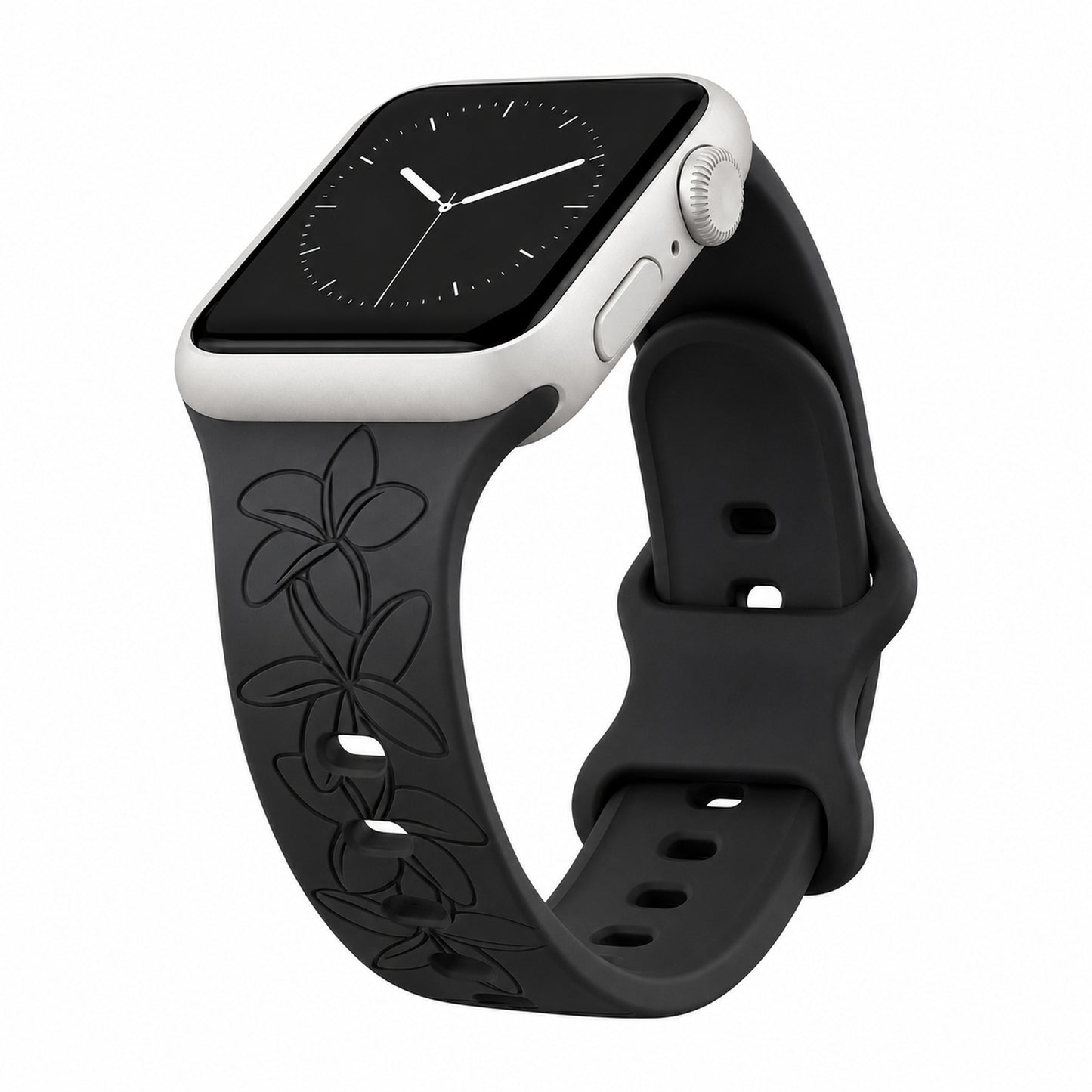 Black Plumeria Silicone Watchband Compatible with Apple Watch